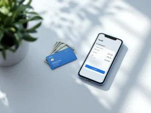 Hotel keycard and smartphone with booking confirmation on white desk beside dollar bills representing commission earnings