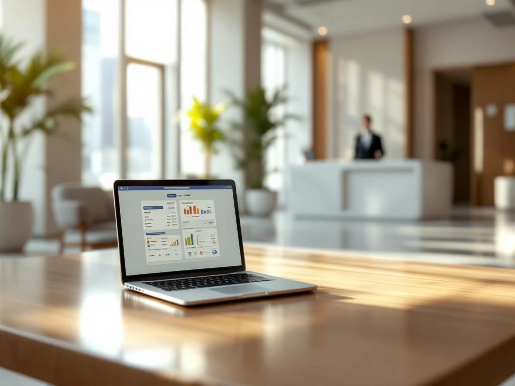 Modern hotel lobby with reception desk and laptop displaying hotel booking comparison charts on wooden table