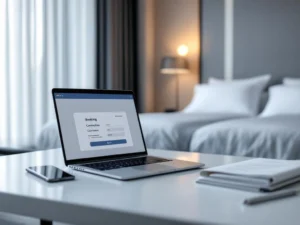 Modern hotel room with laptop showing booking confirmation on desk, smartphone, and crisp white bed in soft natural light.