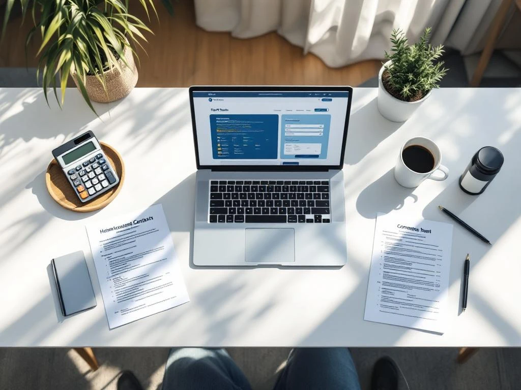 Laptop displaying hotel booking interface on modern desk with hotel contracts, calculator, pen, and coffee cup in natural lighting.