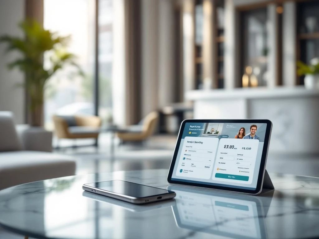 Modern hotel lobby with digital check-in tablet at reception desk and smartphone showing booking app on glass table