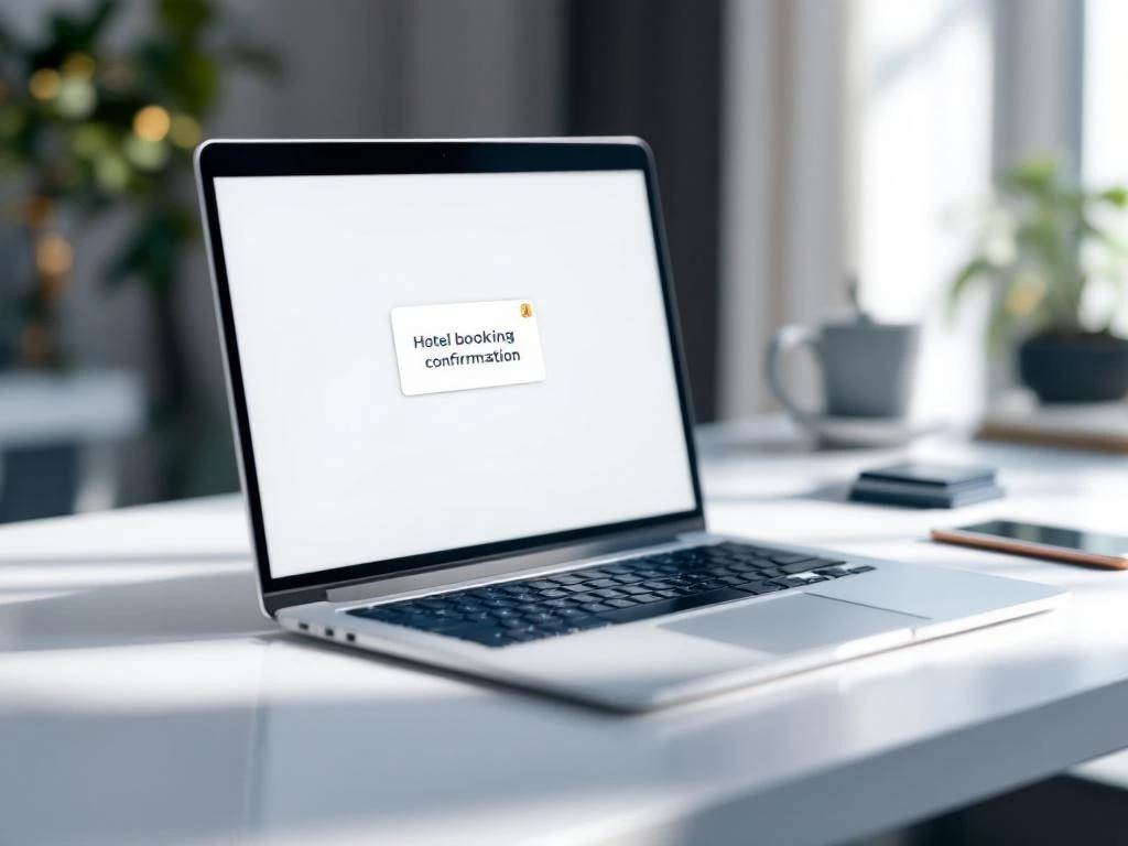 Laptop displaying hotel booking confirmation email on white desk with hotel keycards and smartphone in background