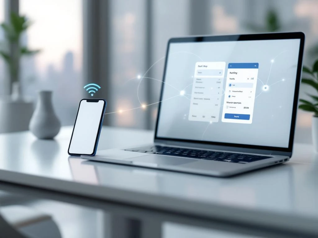 Modern laptop and smartphone on minimalist desk displaying hotel booking interface with glowing connection lines between devices