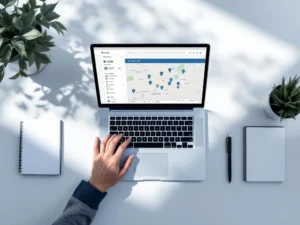 Laptop displaying hotel booking interface with map on modern desk surrounded by notepad, pen, and plant in natural light.