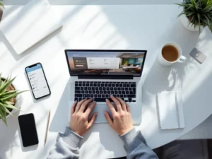 Modern laptop displaying hotel booking interface on minimalist white desk with smartphone, notebook, and room key card from above