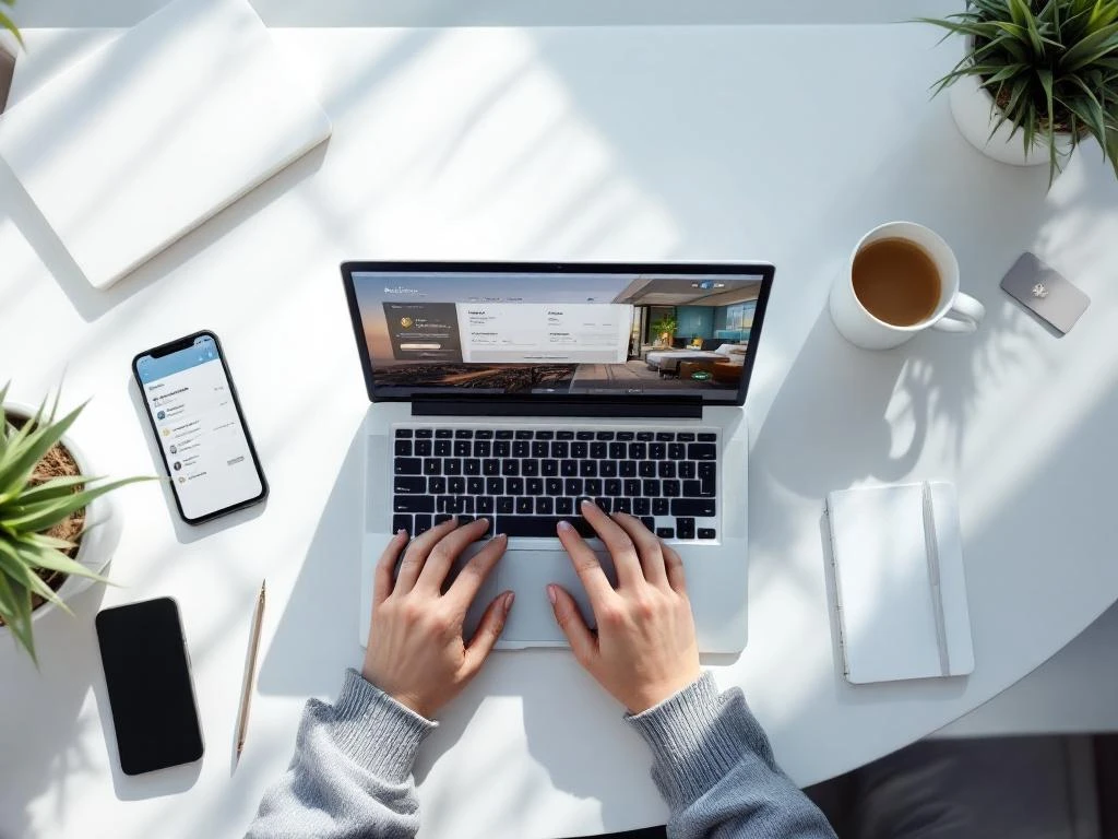 Modern laptop displaying hotel booking interface on minimalist white desk with smartphone, notebook, and room key card from above