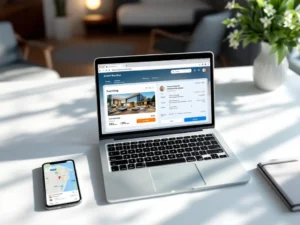 Laptop displaying hotel booking interface with event accommodation details, smartphone showing hotel map locations on white desk