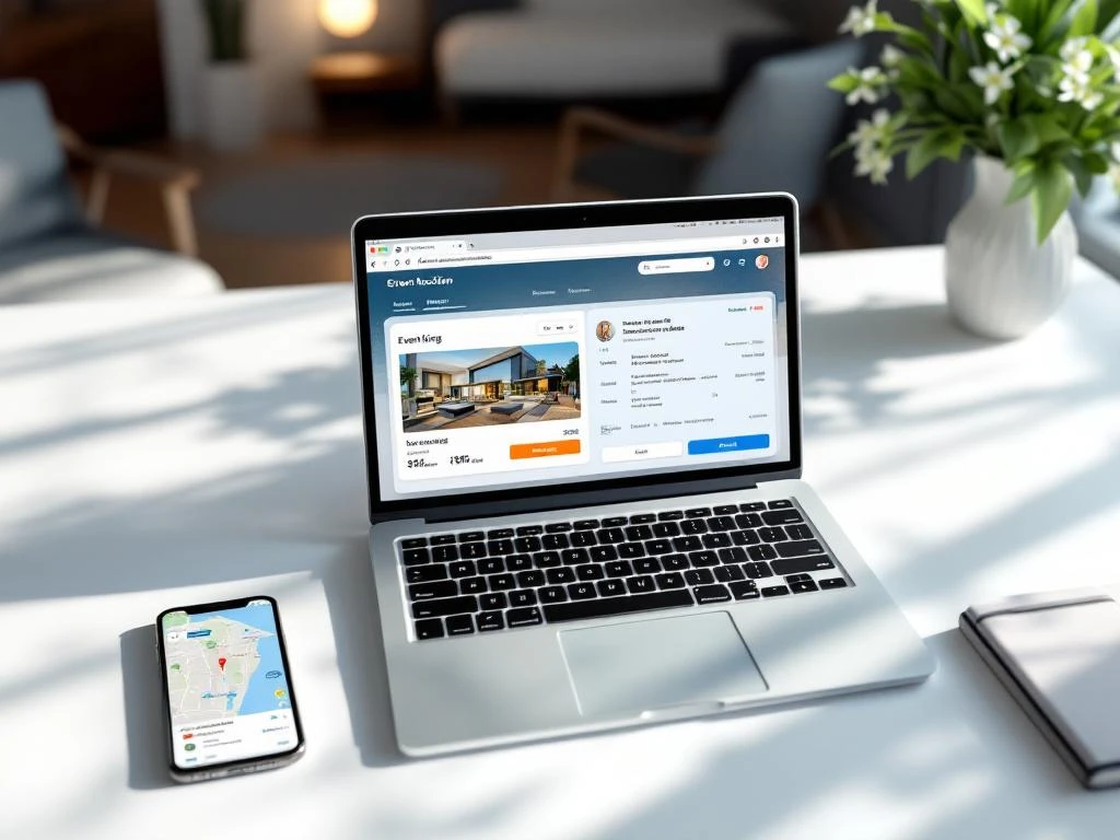 Laptop displaying hotel booking interface with event accommodation details, smartphone showing hotel map locations on white desk