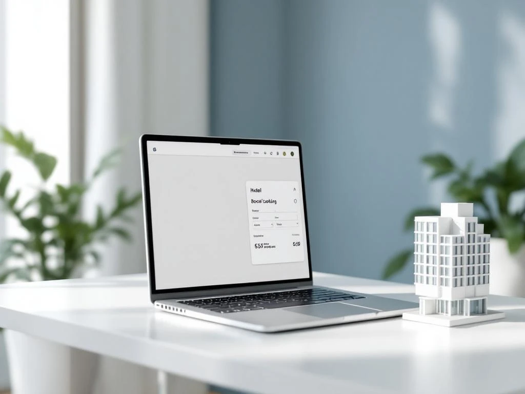 Laptop displaying hotel booking interface on white desk beside architectural hotel model with natural lighting