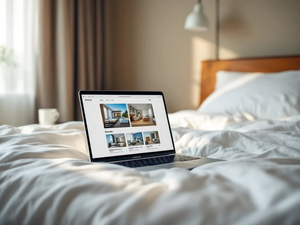 Laptop displaying hotel booking interface with room thumbnails on white bed in modern minimalist hotel room