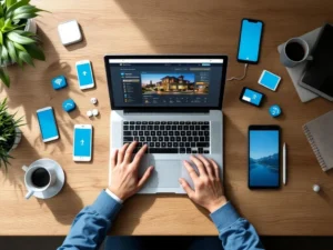 Modern laptop displaying hotel booking interface on wooden desk with mobile devices and connectivity icons in blue tones