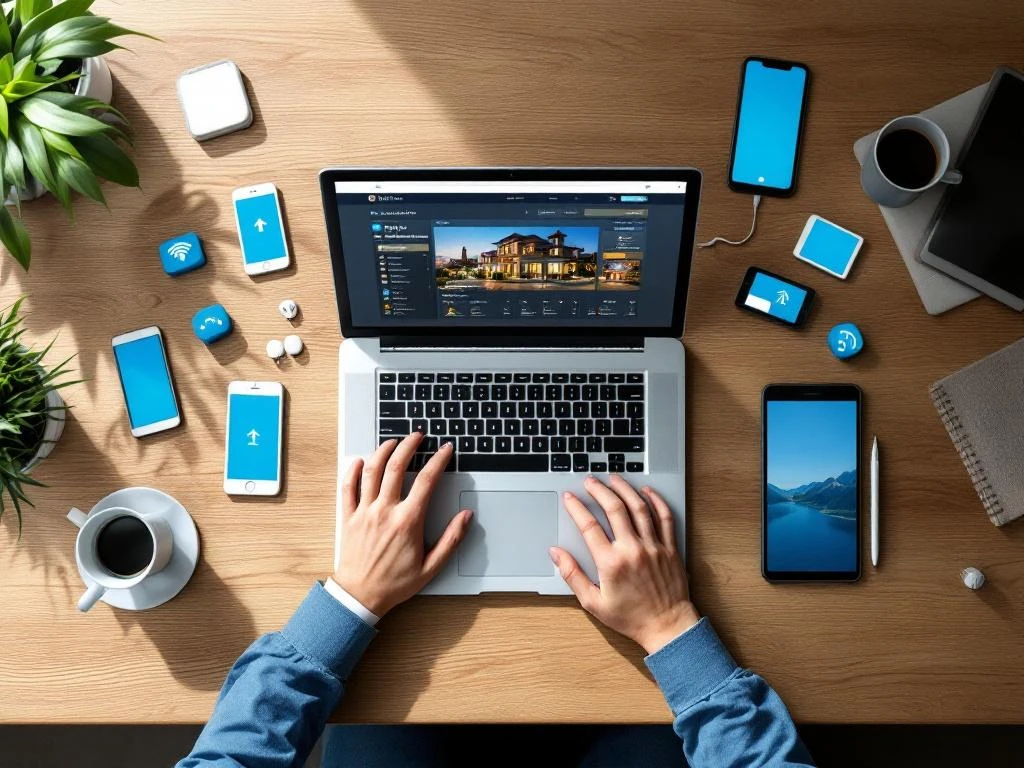 Modern laptop displaying hotel booking interface on wooden desk with mobile devices and connectivity icons in blue tones