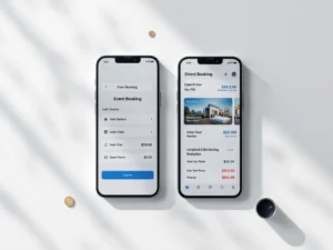 Two smartphones displaying hotel booking interfaces with different pricing, alongside calculator and coins for price comparison