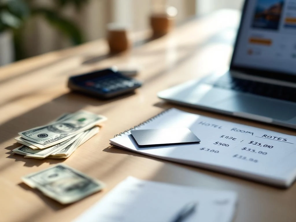 Hotel room key card on wooden desk beside laptop showing booking rates, calculator, cash, and handwritten price notes