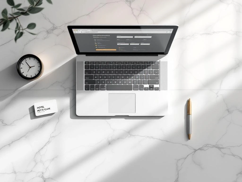 Modern hotel reception desk with laptop showing booking interface, key cards, pen, and world clock on marble surface