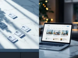 Split-screen comparison of hotel booking methods: organized key cards on marble reception desk versus laptop displaying modern booking platform interface.