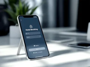 Smartphone displaying secure hotel booking interface with lock icons on white desk beside hotel key cards and laptop