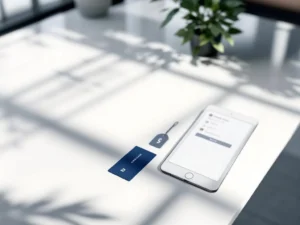 Hotel key card next to tablet showing booking interface on modern conference table with natural lighting and plant
