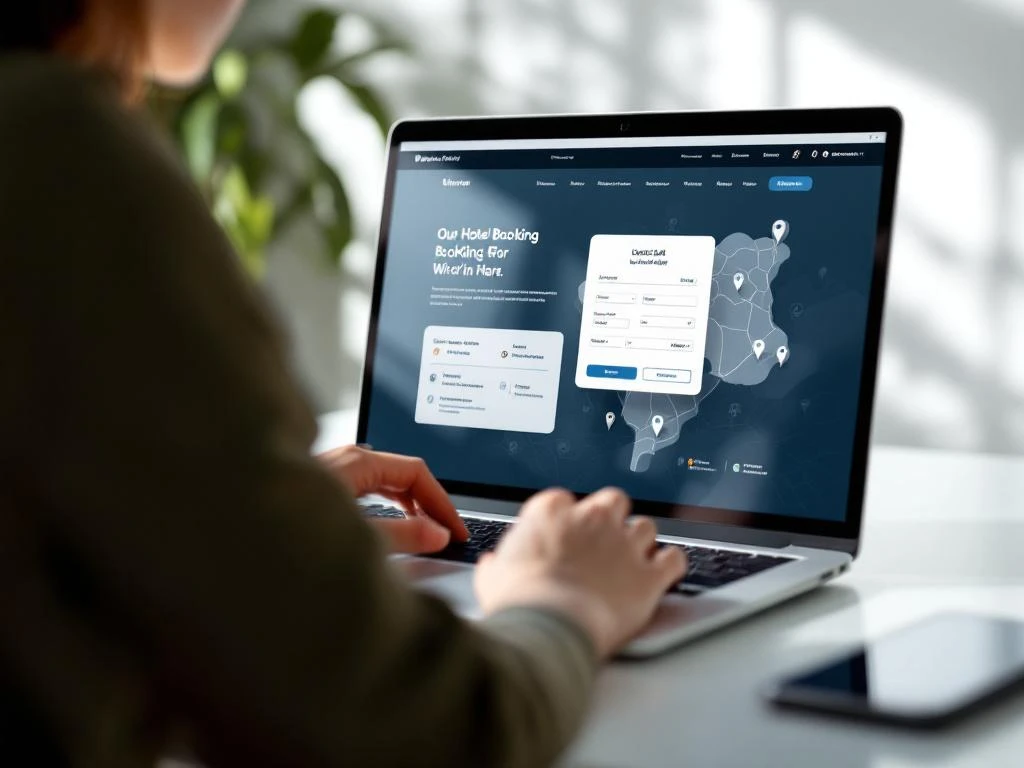 Laptop displaying event webpage with integrated hotel booking widget featuring map interface and booking options on white desk