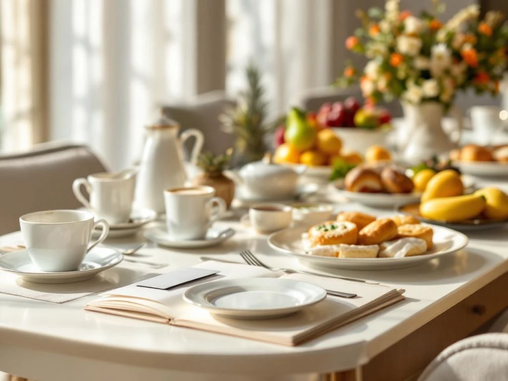 Hotel breakfast buffet with white porcelain dishes, fresh pastries, coffee service, and fruit in elegant dining room.