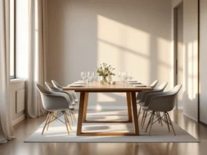 Modern hotel conference room with wooden table, contemporary chairs, and natural lighting through large windows for intimate business meetings.