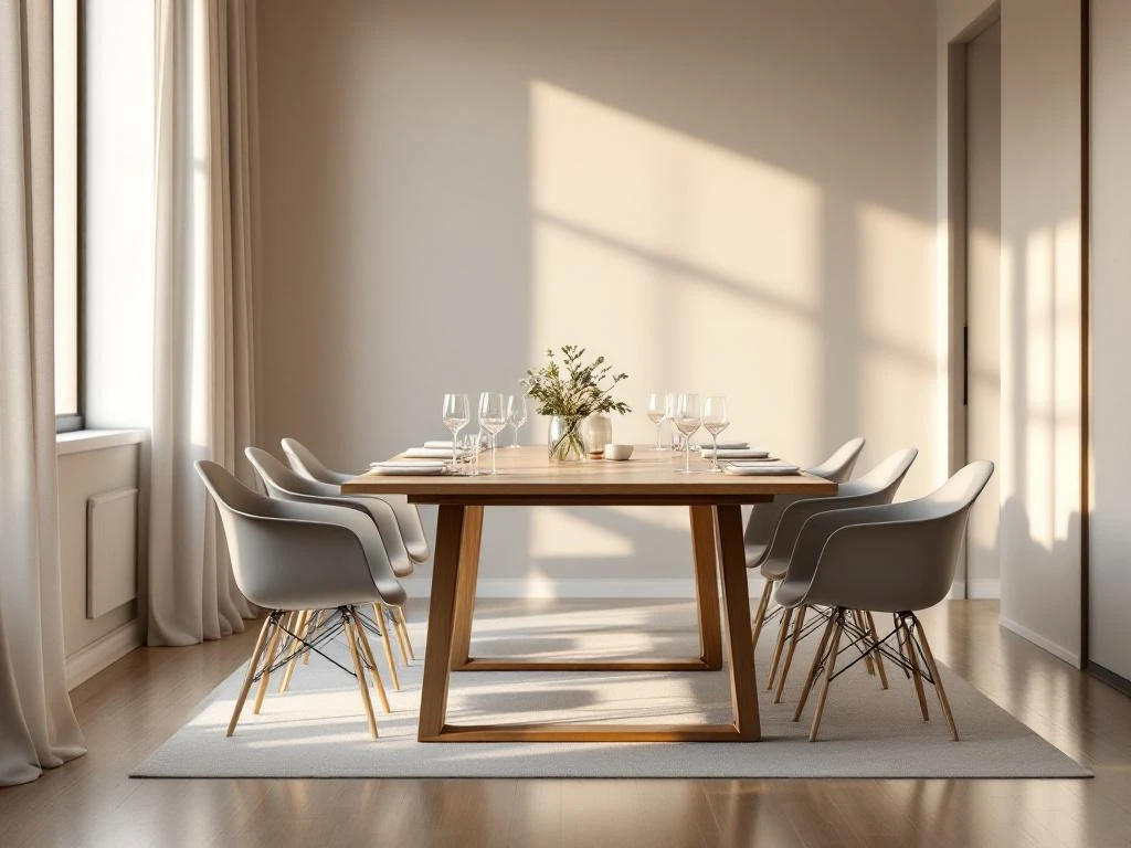 Modern hotel conference room with wooden table, contemporary chairs, and natural lighting through large windows for intimate business meetings.