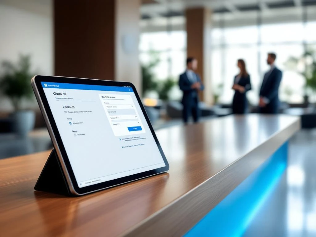 Digital check-in tablet on hotel reception desk with business professionals in modern lobby background
