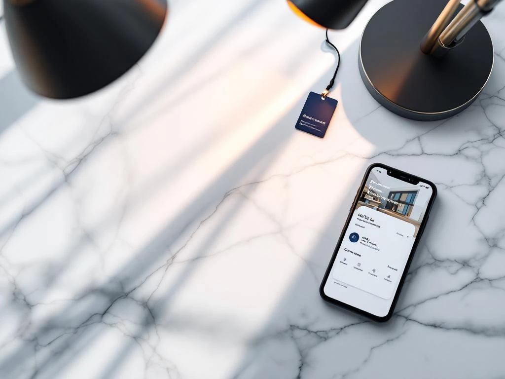 Hotel key card and conference badge on white marble surface with smartphone showing booking app interface