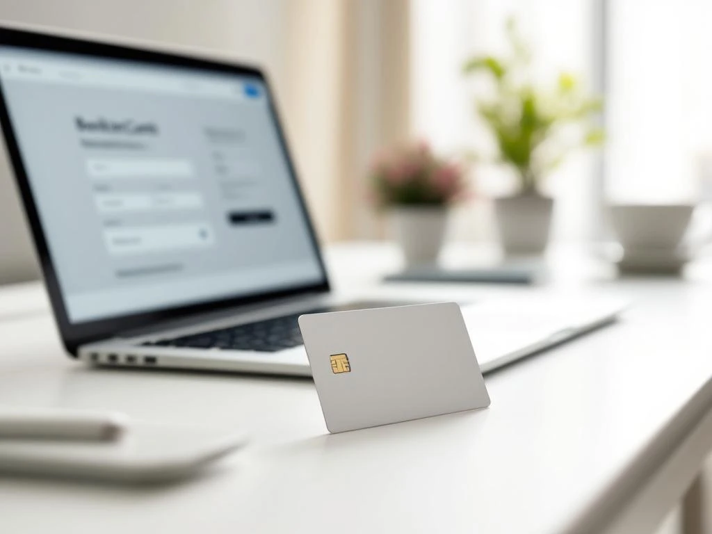 Hotel key card on white desk next to laptop showing booking interface, with soft lighting and blurred plant in background.