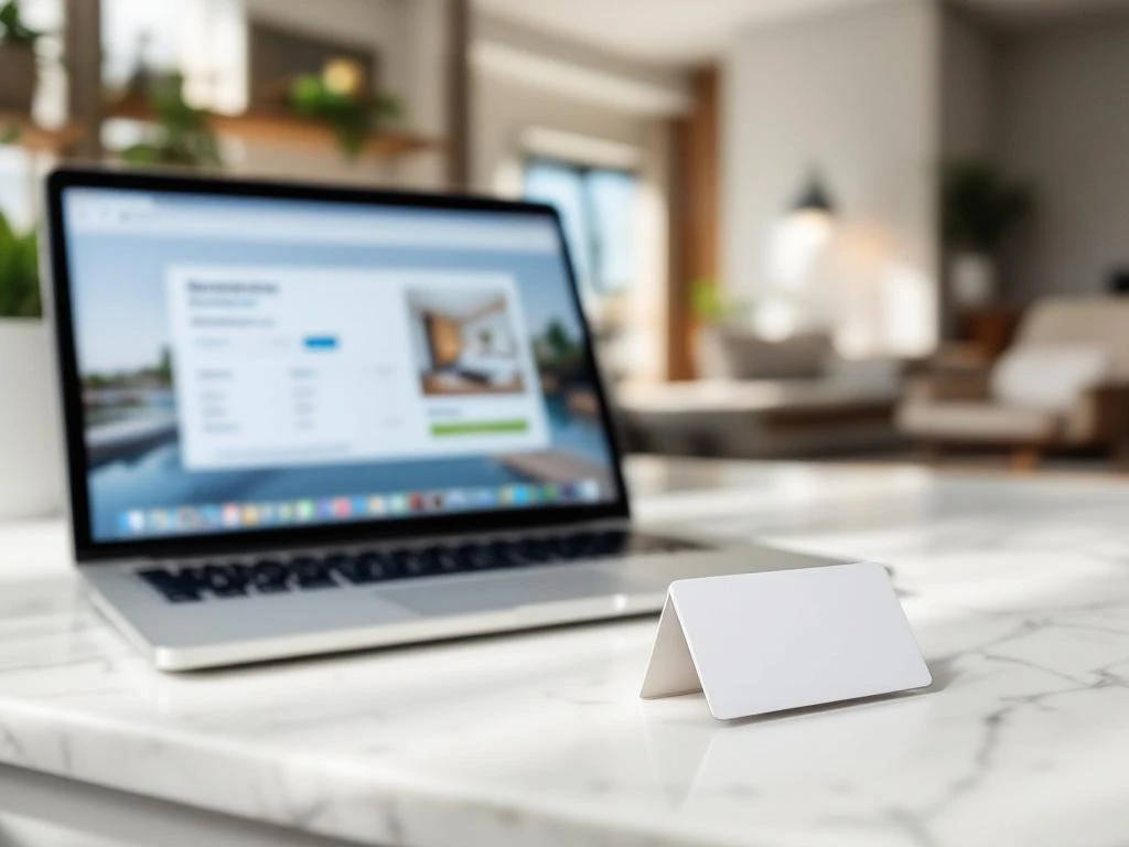 Hotel key card on marble surface beside laptop showing booking interface with modern lobby in background