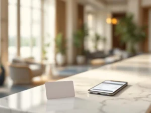 Hotel room key card on marble reception desk with smartphone showing booking confirmation in elegant lobby