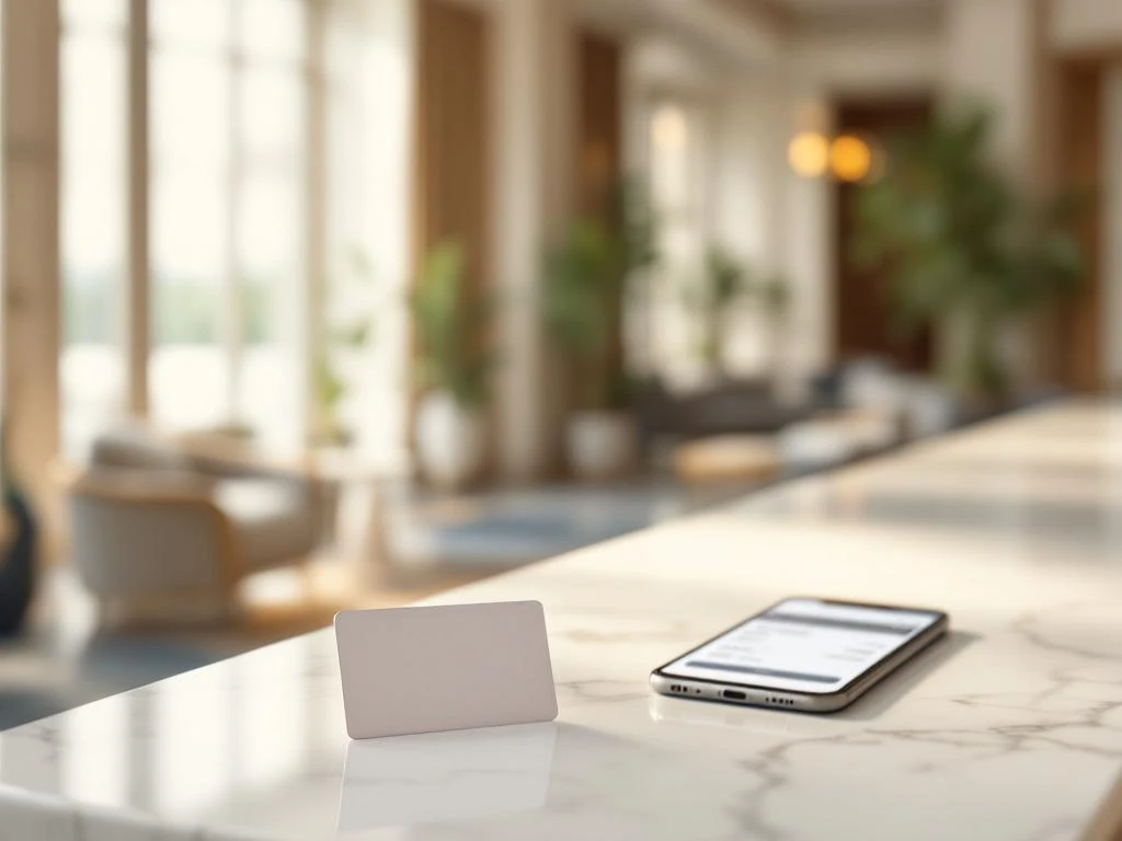Hotel room key card on marble reception desk with smartphone showing booking confirmation in elegant lobby