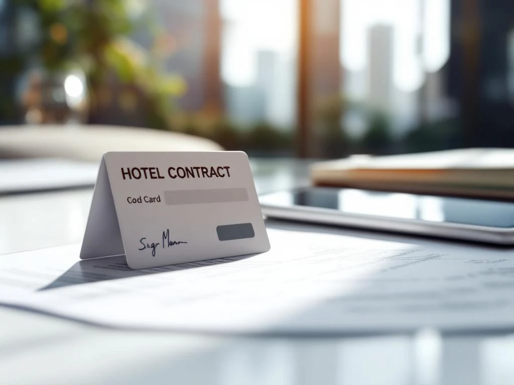 Hotel keycard and smartphone with booking confirmation on desk next to contract document in professional office setting