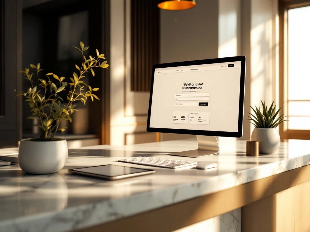 Modern hotel reception desk with computer displaying website wireframe, featuring elegant decor and warm lighting.