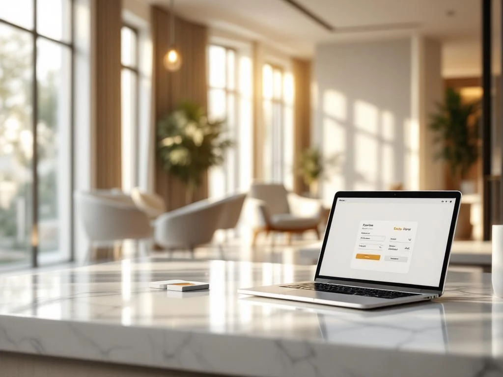 Modern hotel lobby with reception desk, laptop showing booking interface, and elegant seating area in warm natural light.