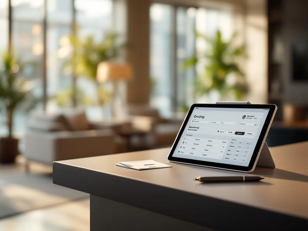 Modern hotel reception desk with digital booking tablet, event badges, and elegant lobby seating area in natural light.