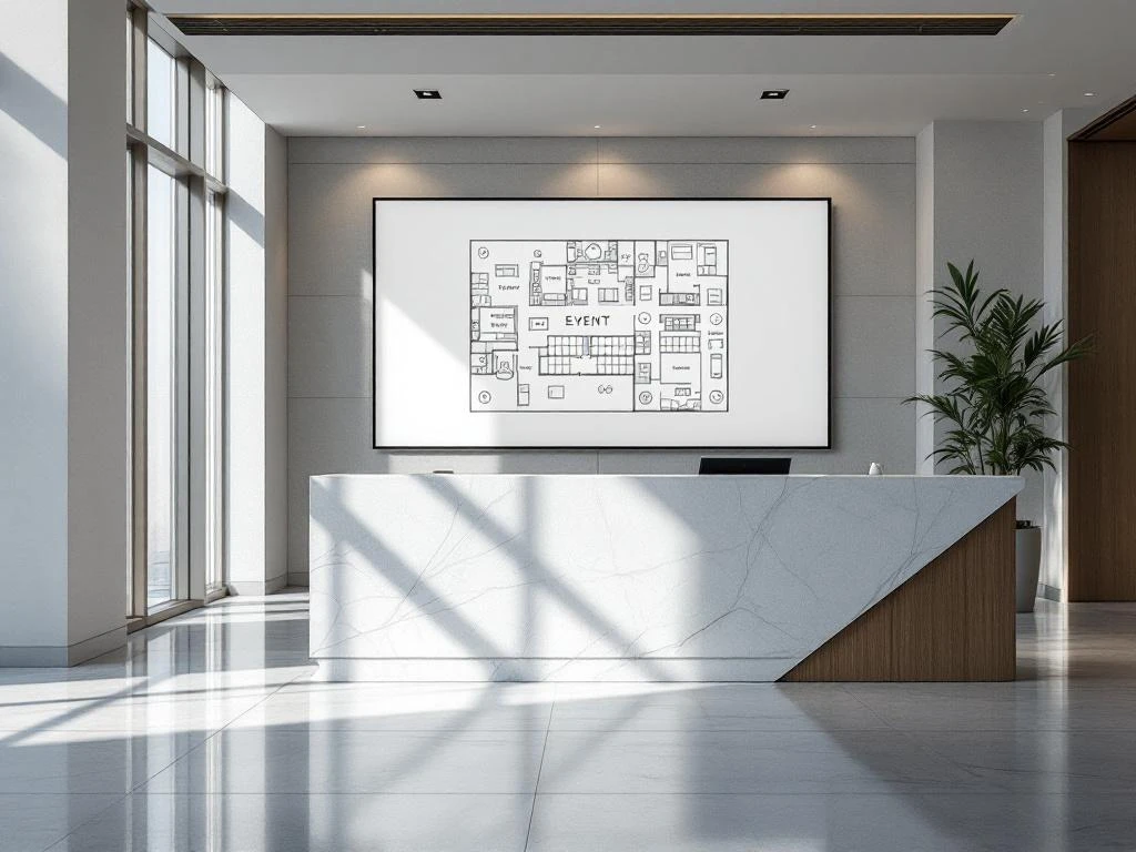 Modern hotel lobby reception desk with marble counter and digital event planning display screen in minimalist design.