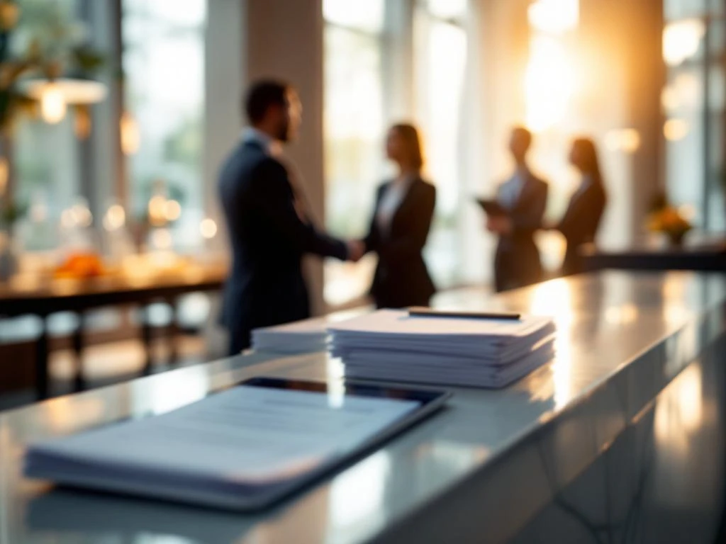 Modern hotel lobby reception desk with marble counter, tablet, and business professionals meeting in elegant hospitality setting.