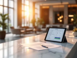 Modern hotel lobby with marble reception desk, legal documents, digital booking tablet, and floor-to-ceiling windows