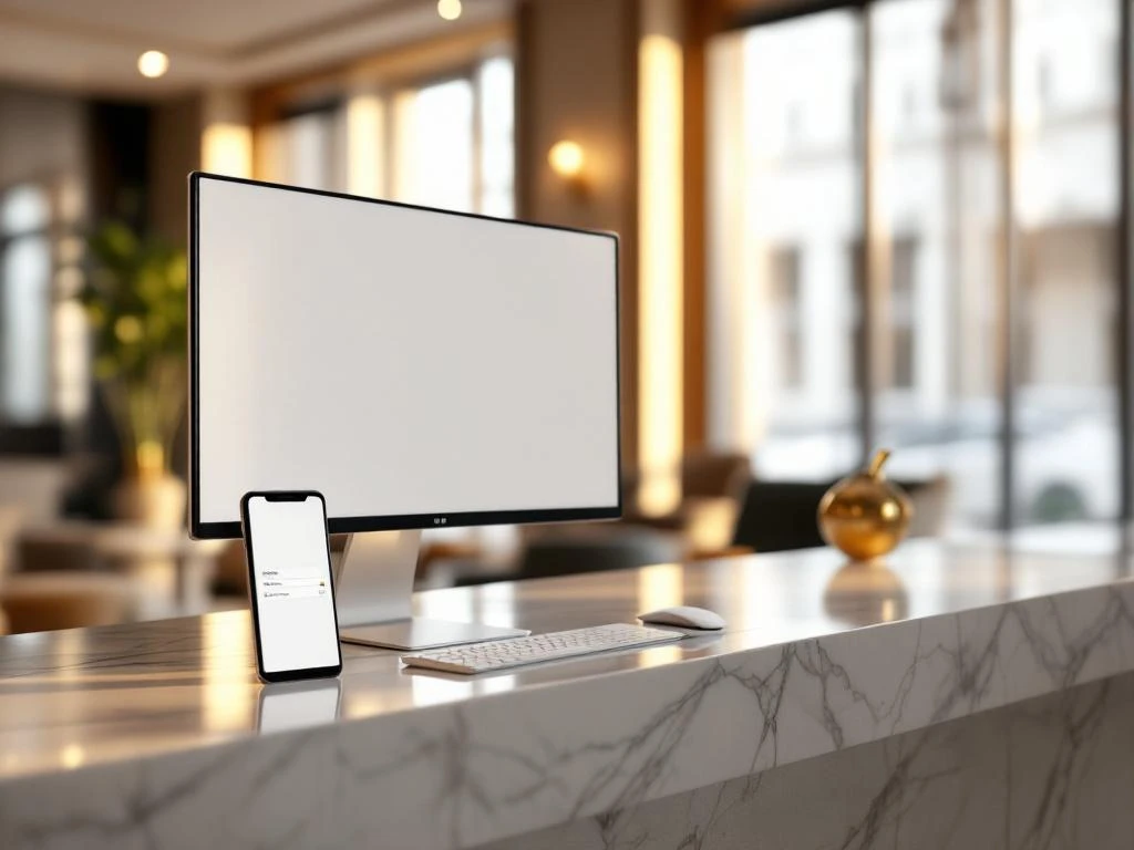 Modern hotel lobby reception desk with computer monitor displaying booking interface and smartphone showing hotel search app