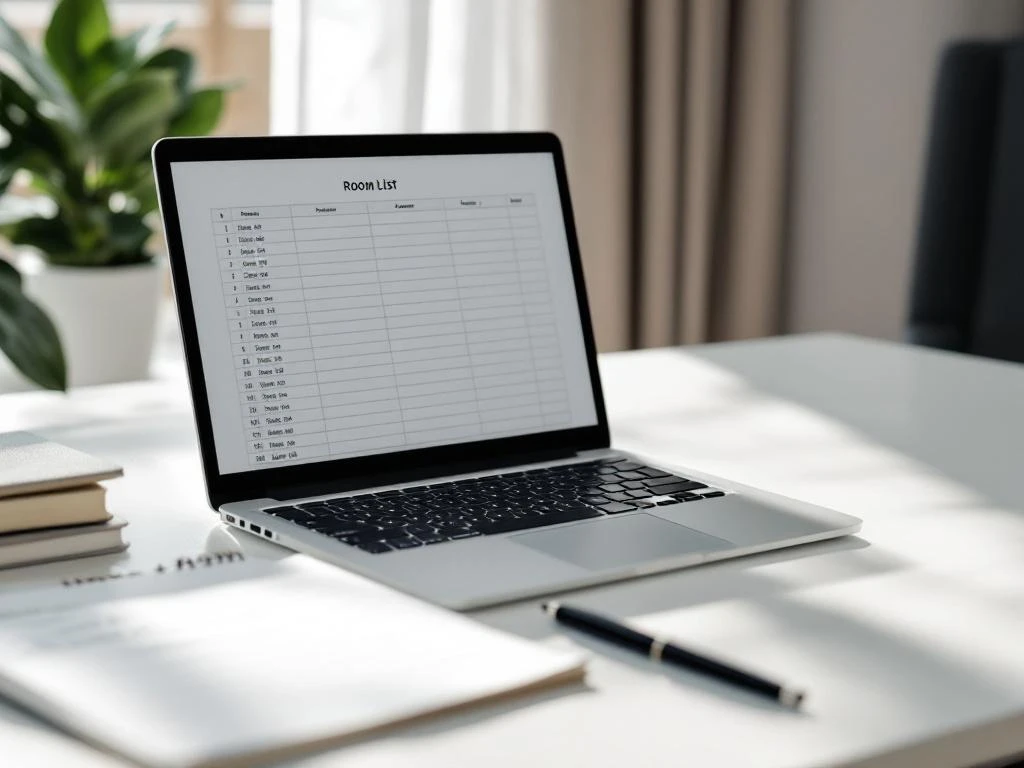 Laptop displaying hotel room spreadsheet on white desk with handwritten notepad, pen, and natural lighting