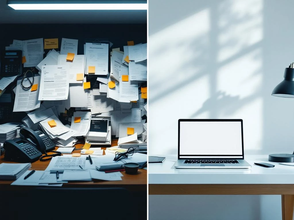 Split-screen comparison: cluttered hotel manager's desk with scattered contracts versus organized workspace with EventHost platform on laptop