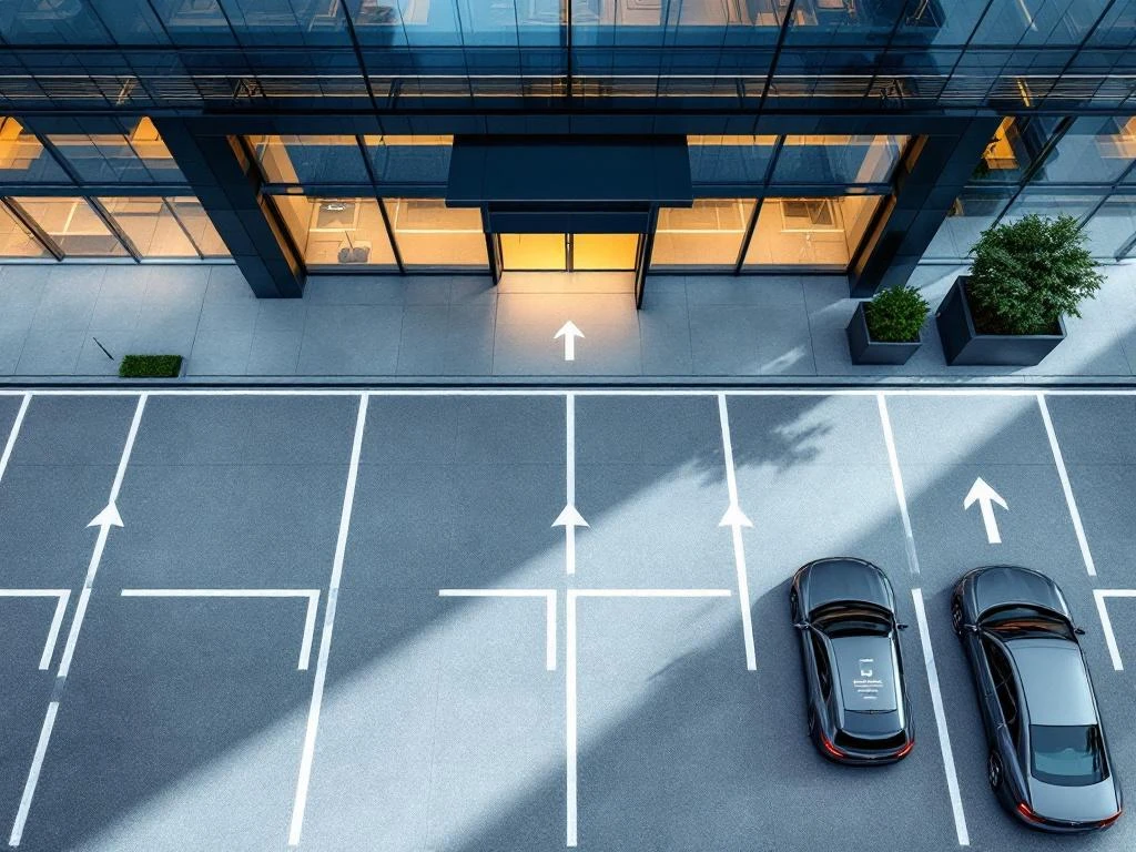 Modern hotel entrance from above showing organized parking spaces with white lines and smartphone displaying parking app on car dashboard.