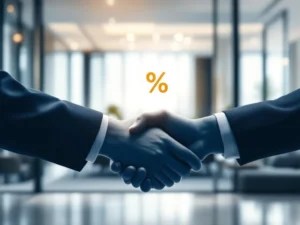 Modern hotel building with handshake silhouette overlay and percentage symbol, representing business partnership agreements