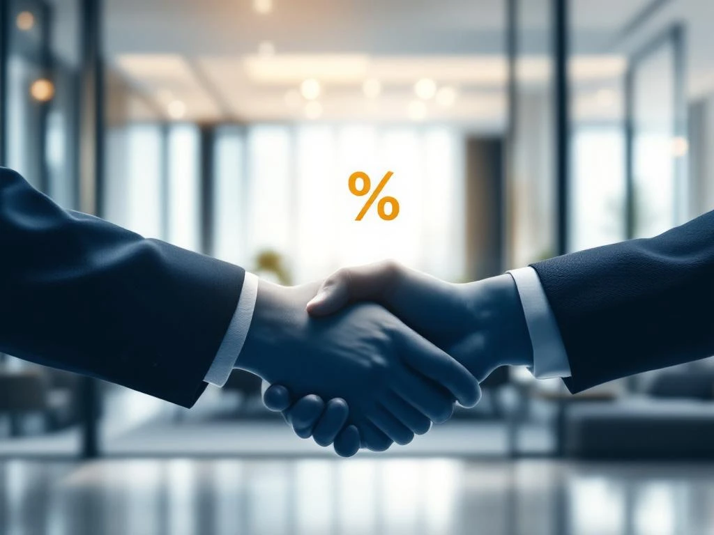 Modern hotel building with handshake silhouette overlay and percentage symbol, representing business partnership agreements