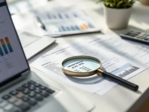 Magnifying glass examining hidden fees on hotel partnership documents with laptop showing spreadsheet data and calculator on minimalist desk