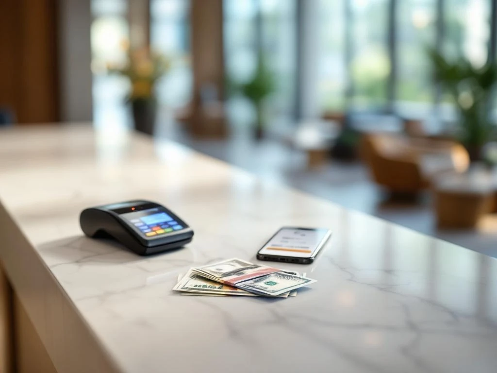Hotel reception desk with contactless card reader, cash, and smartphone showing digital wallet payment options