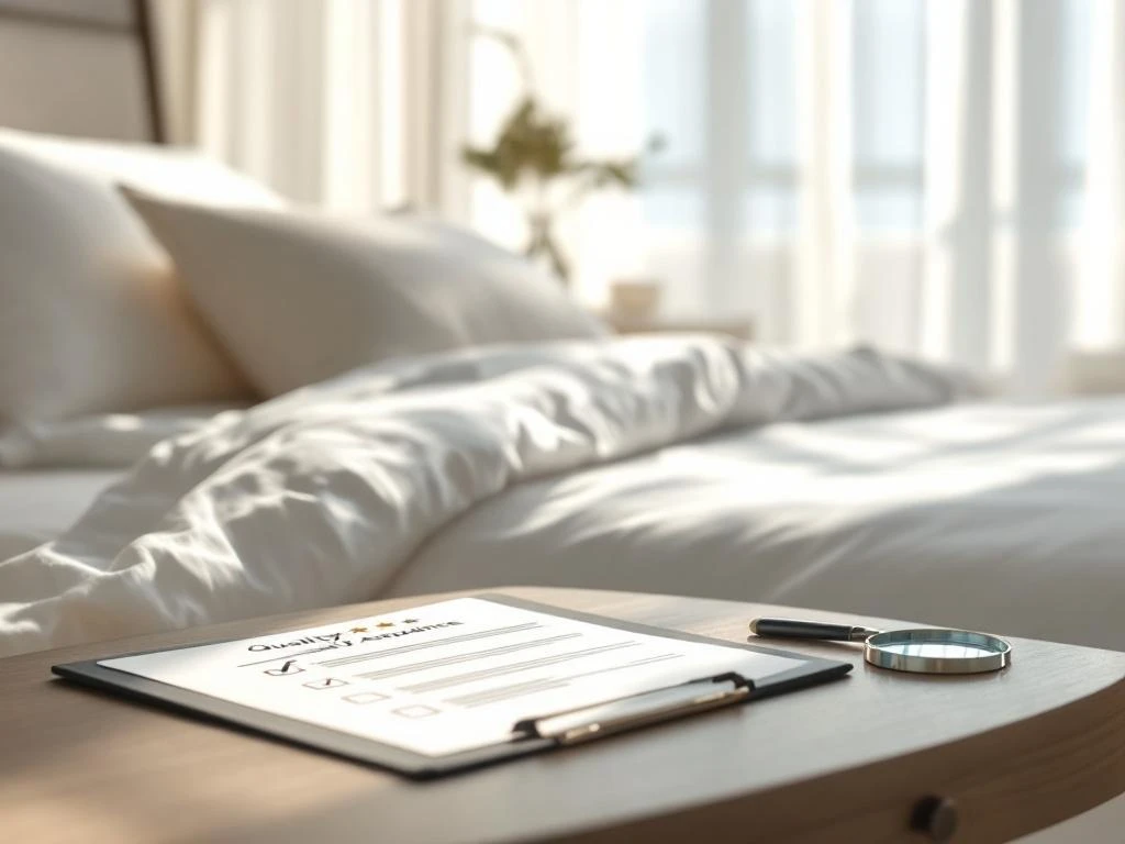 Minimalist hotel room with white bed, wooden desk displaying quality assurance checklist, and five-star rating symbol