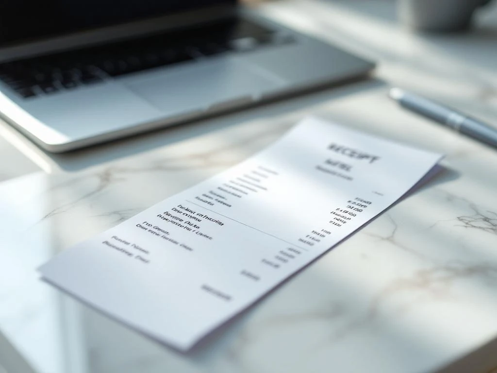 Hotel receipt with booking details on white marble desk beside pen, with laptop in background under natural lighting.