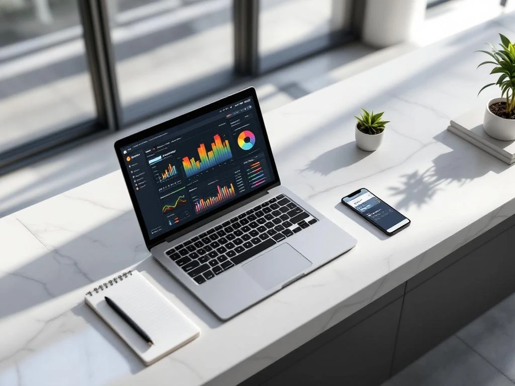 Hotel reception desk with laptop displaying analytics charts, notepad, and smartphone in modern minimalist lobby setting.